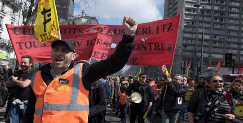 Ferroviarios franceses en manifestación