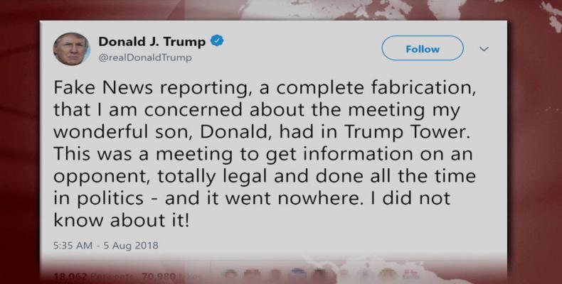 Trump tweet reveals he lied about son’s 2016 meeting with Russian lawyer.  Photo: Twitter