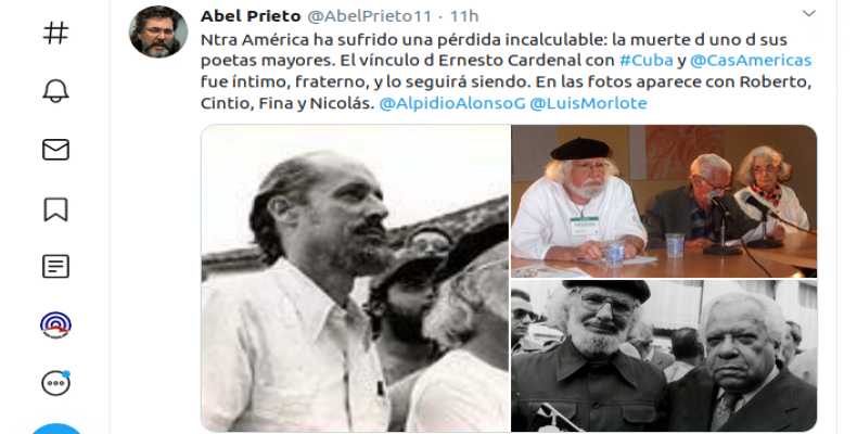 Abel Prieto Jiménez, calificó de pérdida incalculable la muerte del poeta nicaragüense Ernesto Cardenal. Foto: Tomada del Twitter de @AbelPrieto11
