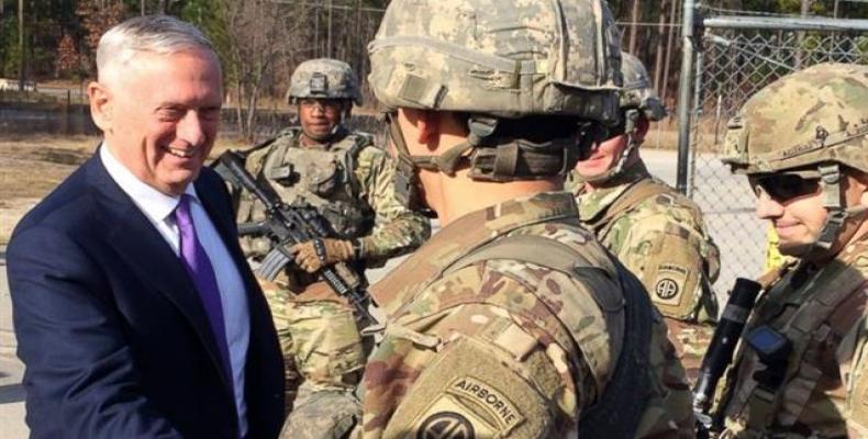 U.S. Defense Secretary Jim Mattis greets soldiers at Fort Bragg, North Carolina