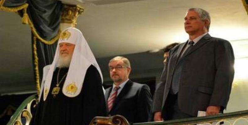 El Patriarca Kirill junto al Primer Vicepresidente cubano Miguel Díaz-Canel. Foto:Tomada de la ACN