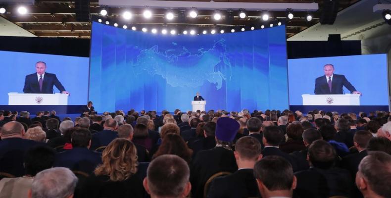 Putin durante su discurso anual dirigido a las dos Cámaras de la Asamblea Federal. Maxim Shemetov / Reuters