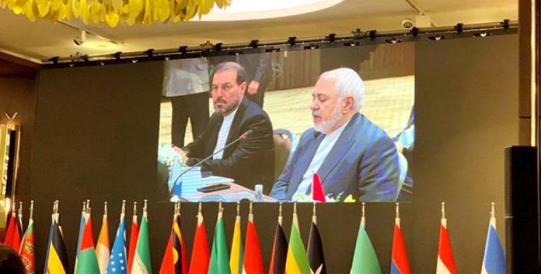Iranian foreign minister at ministerial meeting of the 18th NAM Summit in Baku.  (Press TV)